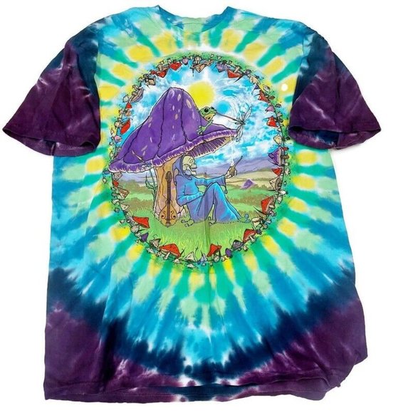 Liquid Blue Mushroom Haven Tie Dye Graphic T Shirt Mens Size L Double Sided - Picture 1 of 6